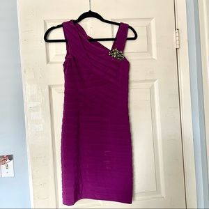 NWOT Xscape Purple Pleated Bodycon Dress - Beaded Detail